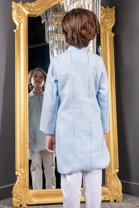 Shop Hoity Moppet Sky Blue Linen, Cotton Metallic Thread Kurta Set at Aza Fashions Shop_Hoity Moppet_Sky Blue Linen, Cotton Metallic Thread Kurta Set _at_Aza_Fashions