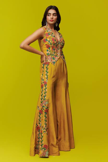 Shop_Rishi And Soujit_Yellow Silk Embroidery V-neck Floral Waistcoat And Flared Pant Set _Online_at_Aza_Fashions