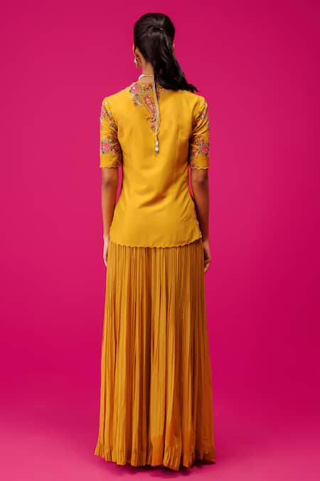 Shop Rishi And Soujit Yellow Silk, Georgette Embroidery Plunge Resham Peplum Jacket And Flared Pant Set at Aza Fashions Shop_Rishi And Soujit_Yellow Silk, Georgette Embroidery Plunge Resham Peplum Jacket And Flared Pant Set _at_Aza_Fashions