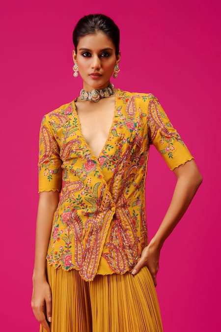 Shop Rishi And Soujit Yellow Silk, Georgette Embroidery Plunge Resham Peplum Jacket And Flared Pant Set Online at Aza Fashions Shop_Rishi And Soujit_Yellow Silk, Georgette Embroidery Plunge Resham Peplum Jacket And Flared Pant Set _Online_at_Aza_Fashions