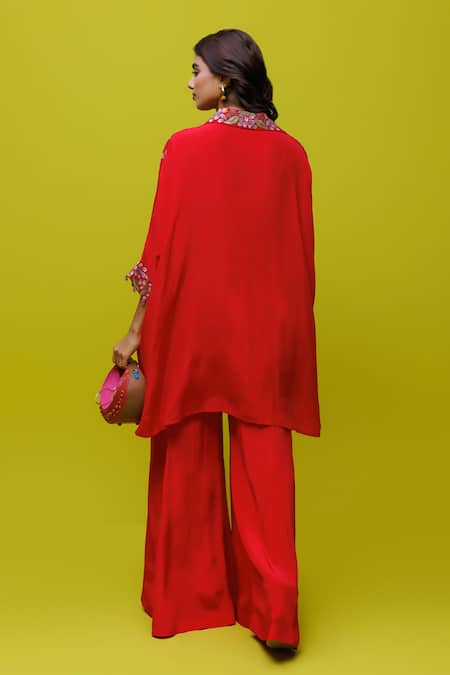 Shop Rishi And Soujit Red Crepe Embroidery Collared Thread Kaftan And Pant Set at Aza Fashions Shop_Rishi And Soujit_Red Crepe Embroidery Collared Thread Kaftan And Pant Set _at_Aza_Fashions