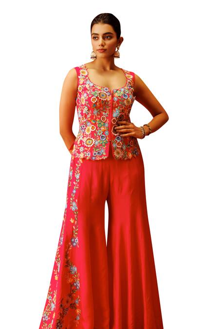 Rishi And Soujit Pink Silk Embroidery Scoop Neck Thread Work Waistcoat And Flared Pant Set at Aza Fashions Rishi And Soujit_Pink Silk Embroidery Scoop Neck Thread Work Waistcoat And Flared Pant Set _at_Aza_Fashions