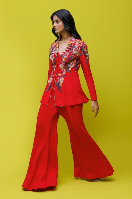 Rishi and Soujit Red Jacket Georgette Embroidery Thread Shawl Collar Floral And Flared Pant Set 