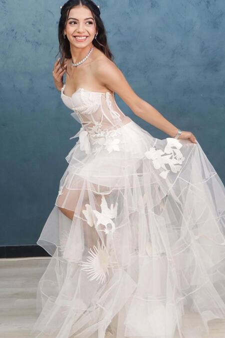 Buy_Mireya Sanya_White Net Beads, Patchwork Off-shoulder Floral Embroidered Mesh Gown _Online_at_Aza_Fashions