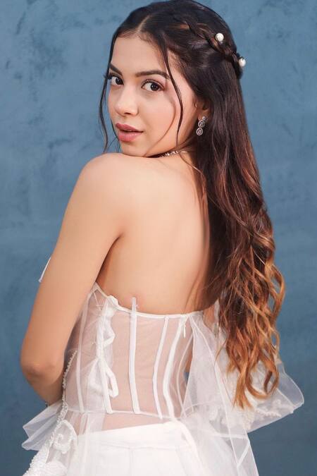 Shop_Mireya Sanya_White Net Beads, Patchwork Off-shoulder Floral Embroidered Mesh Gown _Online_at_Aza_Fashions