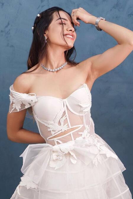 Mireya Sanya_White Net Beads, Patchwork Off-shoulder Floral Embroidered Mesh Gown _at_Aza_Fashions