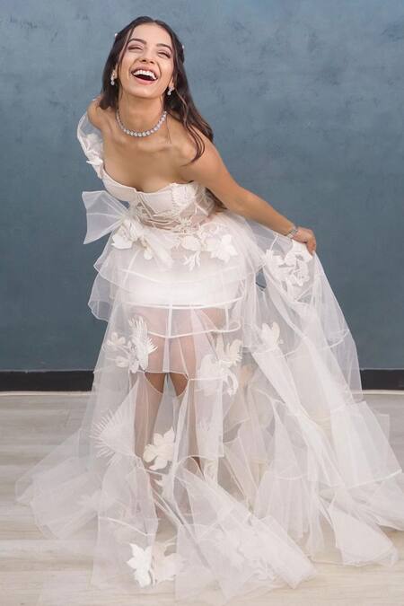 Buy_Mireya Sanya_White Net Beads, Patchwork Off-shoulder Floral Embroidered Mesh Gown 