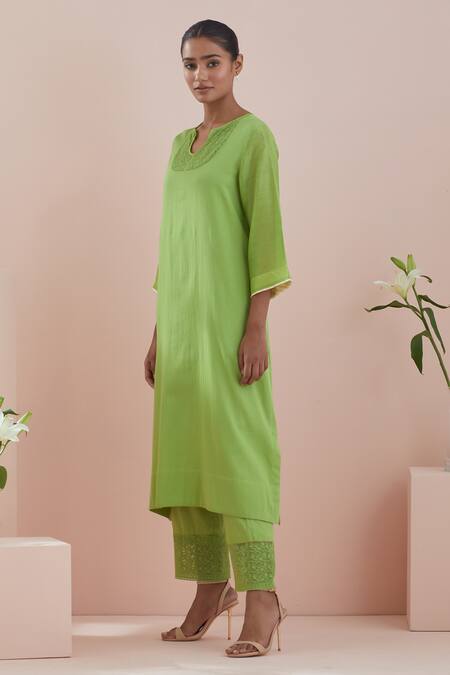 Vinusto_Green , Satin Lace Split Floral Embroidered A-line Kurta With Pant _Online_at_Aza_Fashions