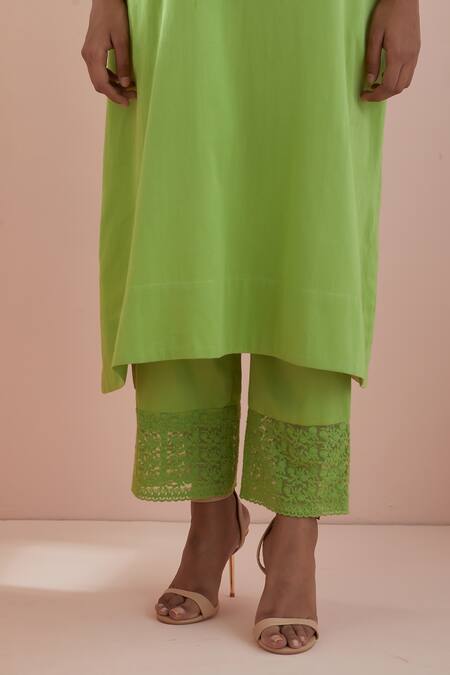 Shop_Vinusto_Green , Satin Lace Split Floral Embroidered A-line Kurta With Pant _Online_at_Aza_Fashions