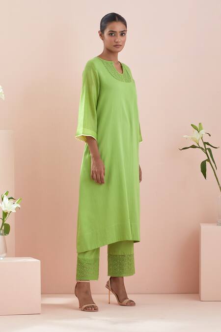 Vinusto_Green , Satin Lace Split Floral Embroidered A-line Kurta With Pant _at_Aza_Fashions