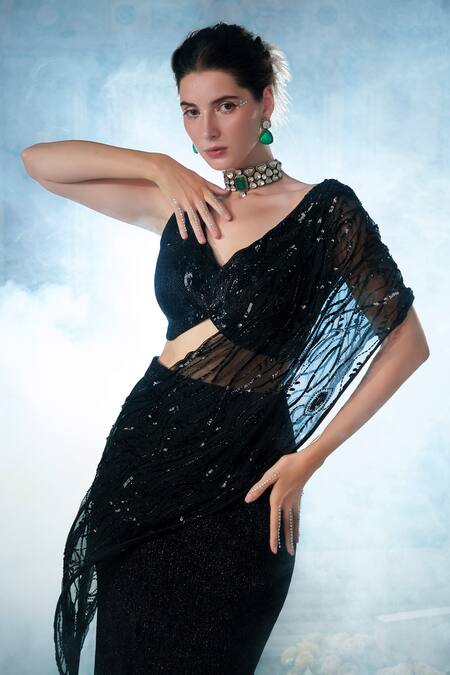 Nidhika Shekhar_Black Organza, Crepe Sequins, Beads, Embroidered Structured Blouse With Skirt _at_Aza_Fashions
