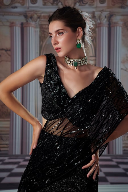Buy_Nidhika Shekhar_Black Organza, Crepe Sequins, Beads, Embroidered Structured Blouse With Skirt 