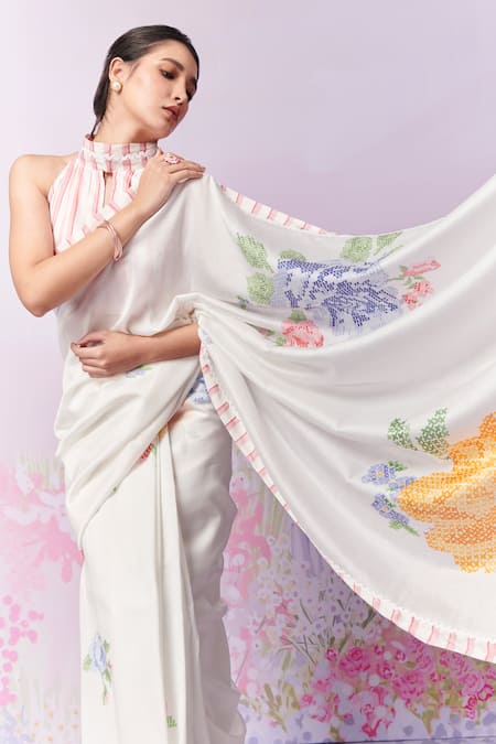 Shop Moh India Multi Color Chanderi Silk Summer Rose Print Saree With Unstitched Blouse Piece Online at Aza Fashions Shop_Moh India_Multi Color Chanderi Silk Summer Rose Print Saree With Unstitched Blouse Piece _Online_at_Aza_Fashions