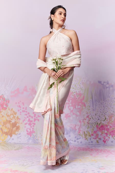 Moh India Multi Color Chanderi Silk Meadow Print Saree With Unstitched Blouse Piece at Aza Fashions Moh India_Multi Color Chanderi Silk Meadow Print Saree With Unstitched Blouse Piece _at_Aza_Fashions