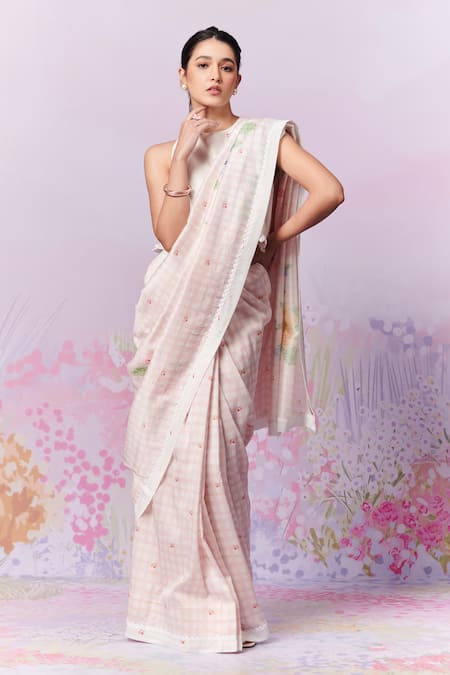 Moh India Chanderi Silk Blush Blossom Print Saree With Unstitched Blouse Piece 