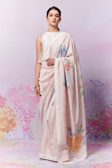 Shop Moh India Multi Color Chanderi Silk Blush Blossom Print Saree With Unstitched Blouse Piece Online at Aza Fashions Shop_Moh India_Multi Color Chanderi Silk Blush Blossom Print Saree With Unstitched Blouse Piece _Online_at_Aza_Fashions