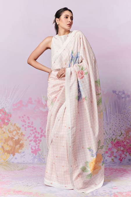 Moh India Multi Color Chanderi Silk Blush Blossom Print Saree With Unstitched Blouse Piece at Aza Fashions Moh India_Multi Color Chanderi Silk Blush Blossom Print Saree With Unstitched Blouse Piece _at_Aza_Fashions