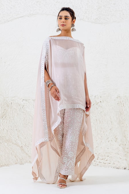 Buy_Shruti Sancheti_Beige Silk Embroidery Sweetheart , Boat Mirror Kaftan Bustier Set _Online_at_Aza_Fashions