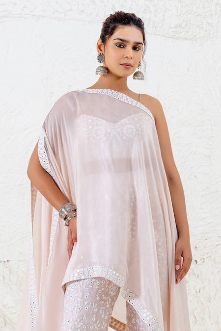 Shop_Shruti Sancheti_Beige Silk Embroidery Sweetheart , Boat Mirror Kaftan Bustier Set _Online_at_Aza_Fashions