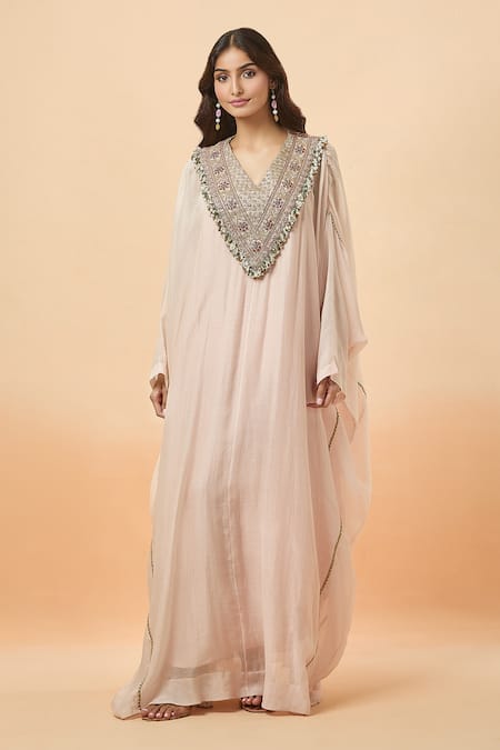 Anamika Khanna Pink Embroidered Sequins Kaftan V Neck Yoke 