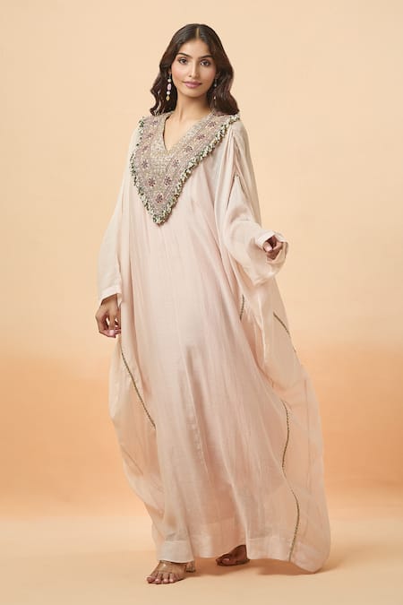 Buy Anamika Khanna Pink Pearls, Sequins V-neck Embroidered Yoke Kaftan Online at Aza Fashions Buy_Anamika Khanna_Pink Pearls, Sequins V-neck Embroidered Yoke Kaftan _Online_at_Aza_Fashions