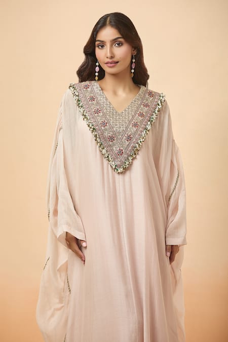 Shop Anamika Khanna Pink Pearls, Sequins V-neck Embroidered Yoke Kaftan Online at Aza Fashions Shop_Anamika Khanna_Pink Pearls, Sequins V-neck Embroidered Yoke Kaftan _Online_at_Aza_Fashions