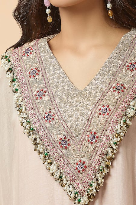Anamika Khanna Pink Pearls, Sequins V-neck Embroidered Yoke Kaftan at Aza Fashions Anamika Khanna_Pink Pearls, Sequins V-neck Embroidered Yoke Kaftan _at_Aza_Fashions