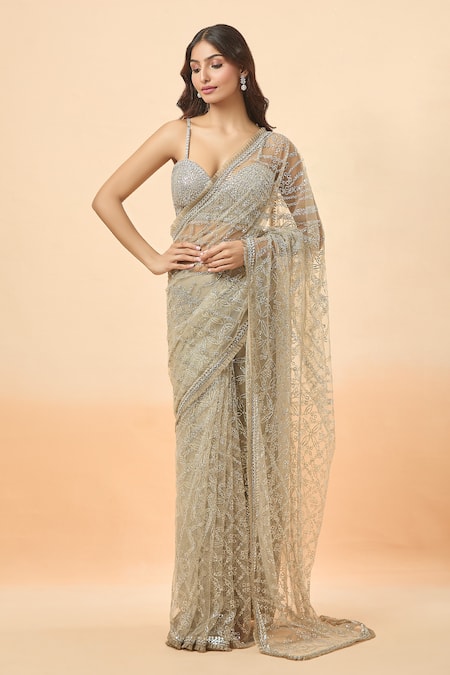 Seema Gujral_Gray Sequins Sweetheart Neck Grey Embroidered Saree And Blouse_Online_at_Aza_Fashions