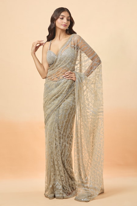 Buy_Seema Gujral_Gray Sequins Sweetheart Neck Grey Embroidered Saree And Blouse_Online_at_Aza_Fashions