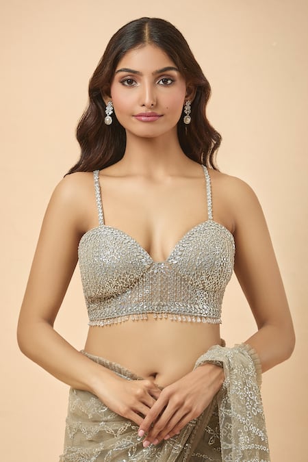 Seema Gujral_Gray Sequins Sweetheart Neck Grey Embroidered Saree And Blouse_at_Aza_Fashions