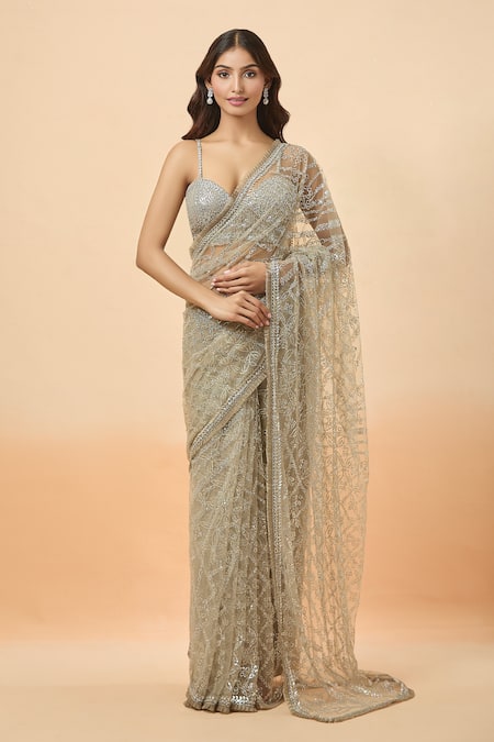 Shop_Seema Gujral_Gray Sequins Sweetheart Neck Grey Embroidered Saree And Blouse