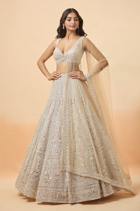 Buy_Seema Gujral_Peach Net Stones, Sequins, Embroidery Sweetheart Neck Bridal Lehenga Set _Online_at_Aza_Fashions