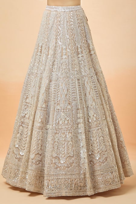 Buy_Seema Gujral_Peach Net Stones, Sequins, Embroidery Sweetheart Neck Bridal Lehenga Set 