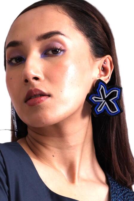 Prachi Gupta_Blue Cut Work Color Block Pompon Earrings _Online_at_Aza_Fashions