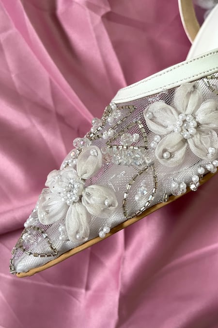 Ciel_White Cut Work, Pearls The Florist Embellished Heels _Online_at_Aza_Fashions