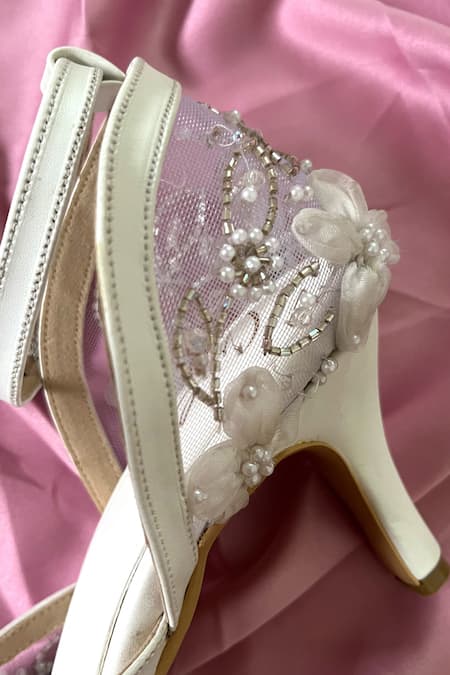 Buy_Ciel_White Cut Work, Pearls The Florist Embellished Heels _Online_at_Aza_Fashions