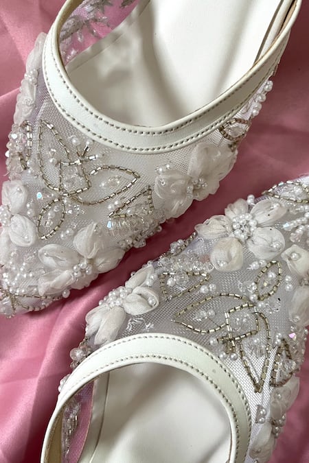 Shop_Ciel_White Cut Work, Pearls The Florist Embellished Heels _Online_at_Aza_Fashions