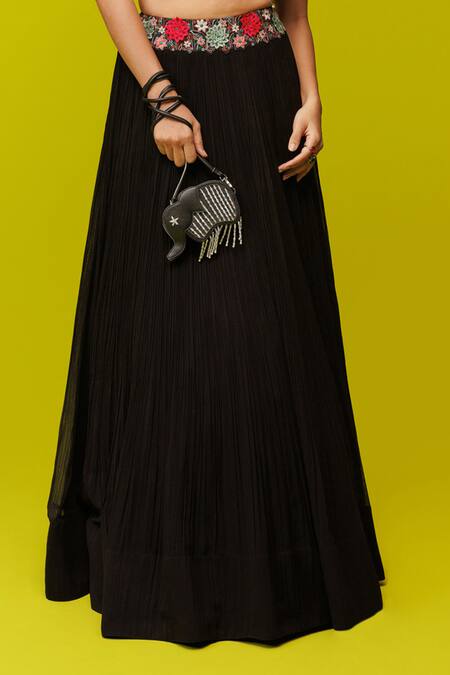 Rishi And Soujit Black Silk, Georgette Embroidery, Pearls, Applique Floral Blouse With Lehenga Online at Aza Fashions Rishi And Soujit_Black Silk, Georgette Embroidery, Pearls, Applique Floral Blouse With Lehenga _Online_at_Aza_Fashions