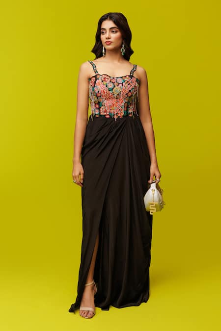 Rishi and Soujit Floral Applique Draped Gown 