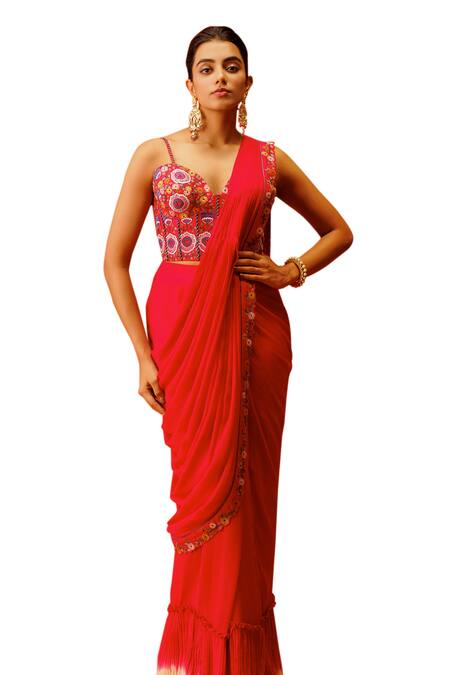 Shop_Rishi And Soujit_Ivory Georgette, Brocade Embroidery Border Pre-draped Saree With Corset _Online_at_Aza_Fashions