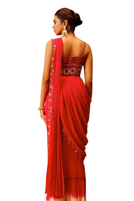 Buy_Rishi And Soujit_Ivory Georgette, Brocade Embroidery Border Pre-draped Saree With Corset 