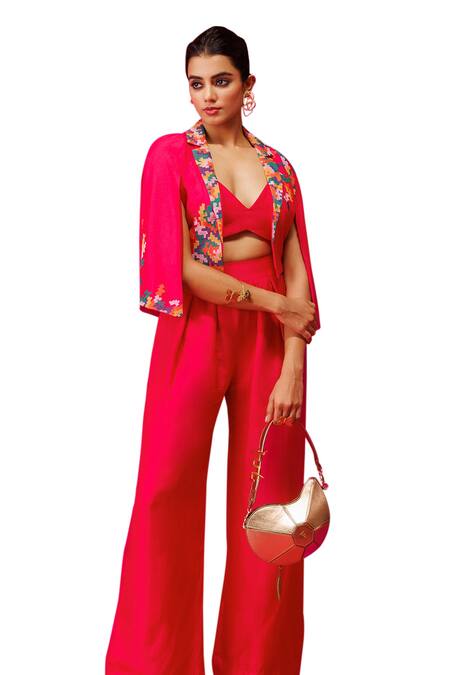 Rishi And Soujit_Pink Bemberg Silk Embroidery Thread Jacket Collar Geometric Set _at_Aza_Fashions