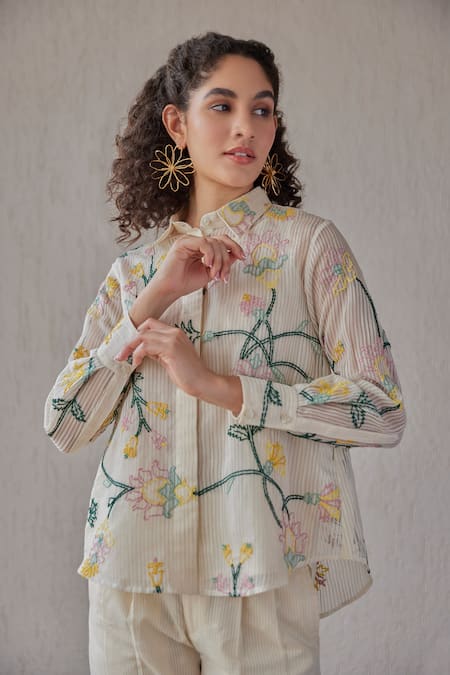 Shop_Khamaj India_White Chanderi, Cotton Embroidery Collared Tess Shirt With Pant _Online_at_Aza_Fashions