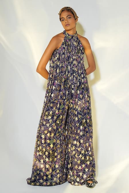 POOJA SHROFF Blue Georgette Printed Abstract Geometric Halter Flared Jumpsuit 