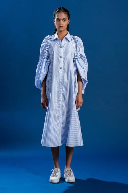 POOJA SHROFF Blue Cotton Printed Stripped Collar Spectrum Shirt Dress 