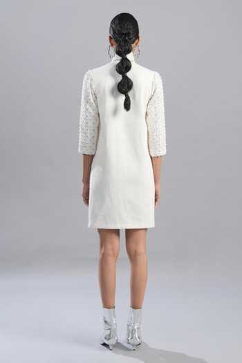 Shop Pooja Shroff White Denim Cut Work Round Neck Vector Vibe Dress at Aza Fashions Shop_Pooja Shroff_White Denim Cut Work Round Neck Vector Vibe Dress_at_Aza_Fashions