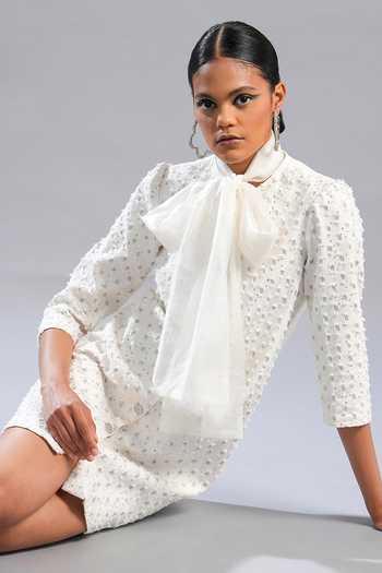 Pooja Shroff White Denim Cut Work Round Neck Vector Vibe Dress Online at Aza Fashions Pooja Shroff_White Denim Cut Work Round Neck Vector Vibe Dress_Online_at_Aza_Fashions
