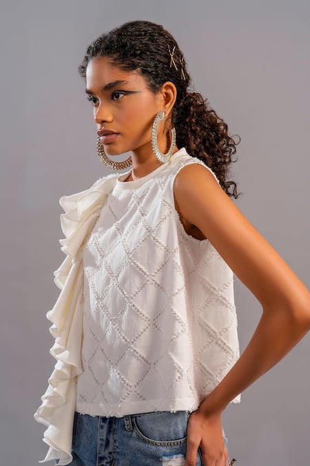 Pooja Shroff_White Denim, Terrycloth Cut Work Round Neck Modular Muse Top_Online_at_Aza_Fashions
