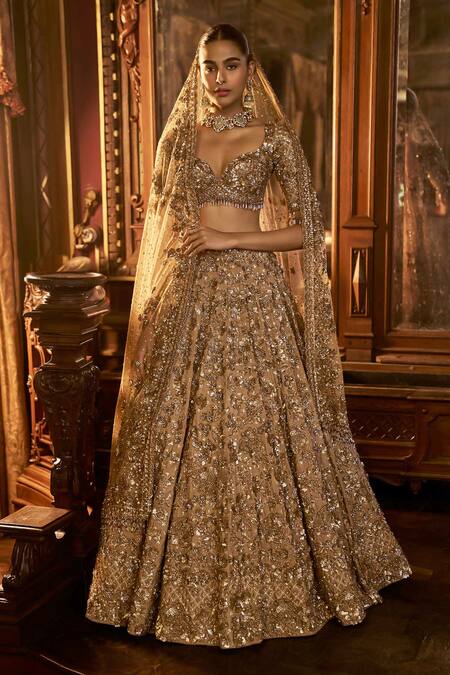 Shop Seema Gujral Gold Tissue, Net, Silk Sequins, Beads, Floral Patchwork Bridal Lehenga Set Online at Aza Fashions Shop_Seema Gujral_Gold Tissue, Net, Silk Sequins, Beads, Floral Patchwork Bridal Lehenga Set _Online_at_Aza_Fashions