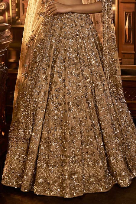 Seema Gujral Gold Tissue, Net, Silk Sequins, Beads, Floral Patchwork Bridal Lehenga Set at Aza Fashions Seema Gujral_Gold Tissue, Net, Silk Sequins, Beads, Floral Patchwork Bridal Lehenga Set _at_Aza_Fashions